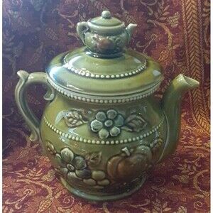 Vintage Cookie Jar Ceramic Teapot Shape Fruit & Floral Decor Japan Mint Cond